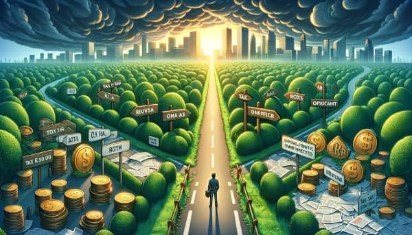An illustration depicting diverging paths in a financial forest, with one cluttered by tax obstacles and the other leading smoothly to a prosperous city, symbolizing the journey of tax-efficient investing.