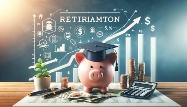 Illustration of a piggy bank with a graduation cap, upward growth graph, and tax planning symbols representing retirement tax optimization strategies.