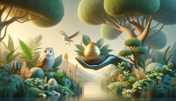 Tranquil retirement scene with lush greenery, a flourishing tree, and financial symbols like a golden nest egg and a wise owl, representing tax-efficient retirement planning.