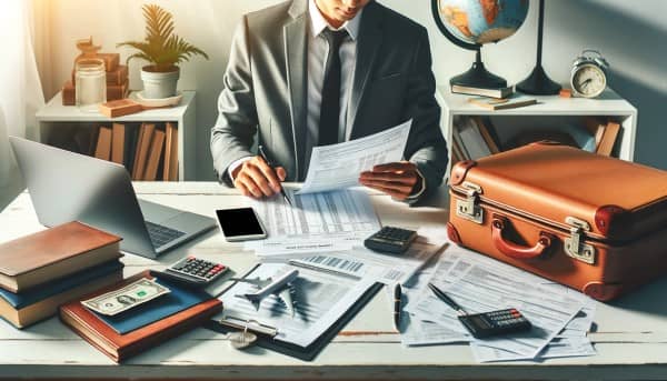 A business professional meticulously reviews travel expense receipts and tax forms at a desk, surrounded by a suitcase, airplane ticket, and a world map, symbolizing the preparation for tax-optimized business travel.