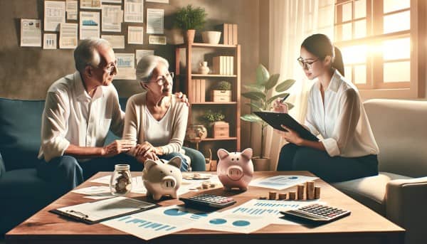 A retired couple consulting with a financial planner in a cozy office, surrounded by financial planning symbols like a piggy bank, calculator, and documents with graphs.