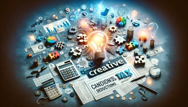 An illustration depicting the concept of creative tax deductions, featuring financial charts, calculators, and symbols of innovation like light bulbs and puzzle pieces, representing strategic tax planning for small business owners.