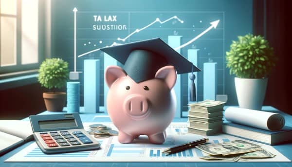 Piggy bank with a graduation cap on a desk surrounded by financial documents, a calculator, and a pen, with a growth chart in the background, representing the importance of understanding tax laws for retirement planning.
