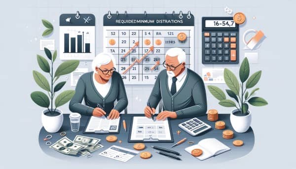 An illustration of a mature couple reviewing their retirement plan, with elements like a calendar marked with deadlines, a calculator, and financial graphs, symbolizing the strategic management of Required Minimum Distributions (RMDs).