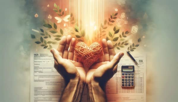 Hands holding a heart with financial documents and a calculator, symbolizing the blend of philanthropy and tax planning.
