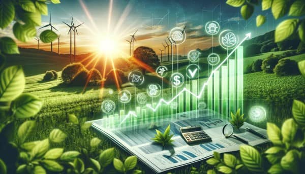 Illustration of a green landscape with renewable energy icons and an upward financial graph, symbolizing the growth and benefits of green investing.