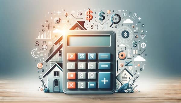 An infographic featuring a calculator, house icon, and financial symbols representing a Mortgage Affordability Calculator tool for homebuyers.