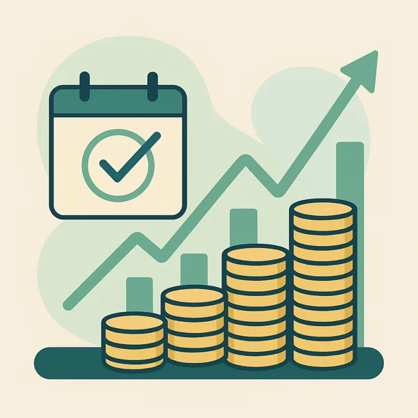 A clean, flat-style illustration showing rising stacks of coins and an upward arrow next to a calendar with a checkmark, representing long-term investment growth and tax planning strategy.