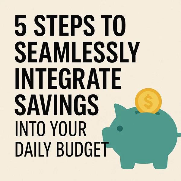 Person managing a digital budget with savings jars, coins, and a planner representing daily savings integration.