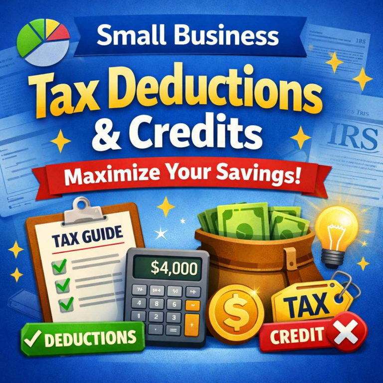 Illustration of small business tax deductions and credits with calculator, money, and tax checklist highlighting ways to maximize savings