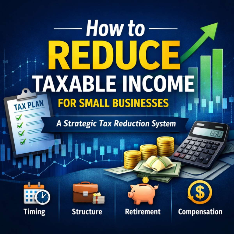 Illustration showing strategies to reduce taxable income for small businesses including timing, structure, retirement, and compensation planning