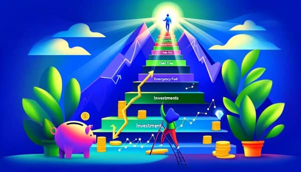 Digital illustration of a person ascending a staircase labeled with financial goals, surrounded by symbols like piggy banks and coins, against a backdrop of uplifting greens and blues.