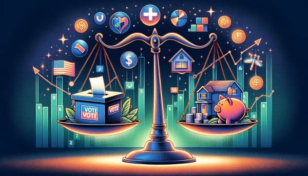 A vibrant 16:9 illustration depicting a balanced scale with a voting ballot box on one side and icons of a house, piggy bank, medical cross, and graduation cap on the other, against a backdrop of currency symbols and economic graphs.