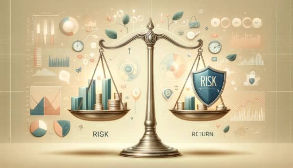 A balanced scale with financial charts on one side and a protective shield on the other, symbolizing the balance between risk and return in investment portfolios, set against a backdrop of financial growth and stability.