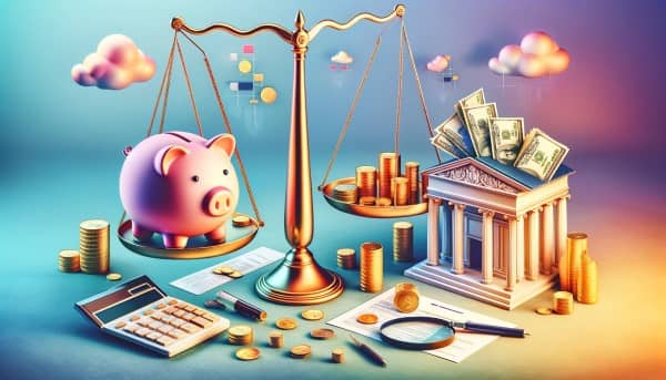 A colorful scene featuring a piggy bank on one side of a scale, opposite a pile of coins and a stack of banknotes, with a bank, calculator, and magnifying glass over fine print in the background.