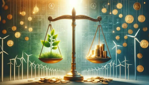 A balanced scale with a flourishing green plant on one side and gold coins on the other, against a backdrop of wind turbines and solar panels, symbolizing the harmony between environmental sustainability and financial prosperity in ethical investing.