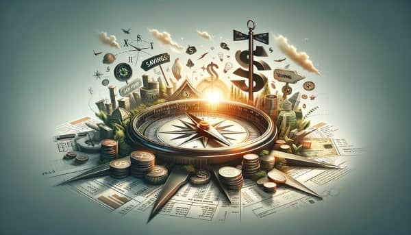 An informative illustration featuring a compass, roadmap, and financial symbols like dollar signs and tax forms, representing the journey through tax planning towards financial well-being