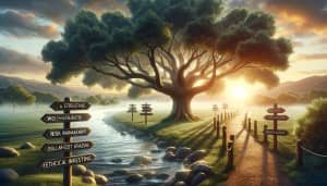 A serene landscape with an oak tree, a flowing river, and guideposts along a path, symbolizing financial growth and security.