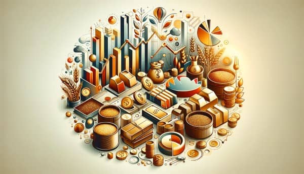 Abstract representation of diversified investment in commodities, featuring gold bars, oil barrels, grains, and pie charts against a stable and growth-oriented backdrop.