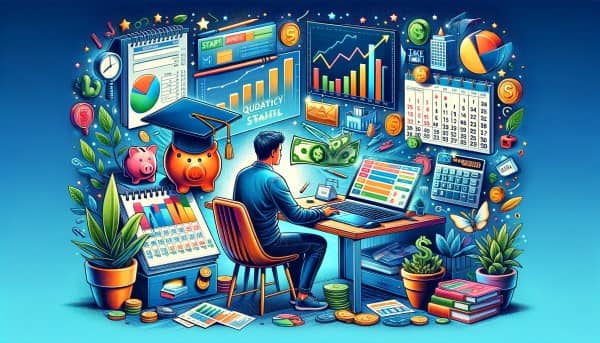 A freelancer sits at a desk surrounded by financial tools, including a laptop with a budgeting app, a piggy bank with a graduation cap, a calendar with tax deadlines, and miniatures of buildings, stocks, and bonds, conveying a sense of financial empowerment and proactive management.