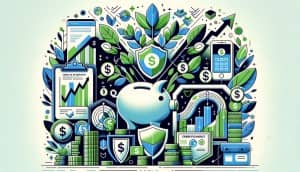 Illustration showcasing a variety of savings accounts, including piggy banks, digital banking interfaces, certificates of deposit, and money market funds, intertwined with symbols of growth like rising graphs, shields, and green plants, set against a palette of financial blues and greens with vibrant accents.