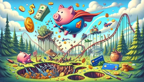 A colorful and whimsical illustration depicting a superhero piggy bank flying over a landscape filled with financial pitfalls such as giant credit cards, coins dropping into sinkholes, and a savings jar in a bear trap, set against a backdrop of a rollercoaster and sky adorned with money clouds and dollar sign rainbows.