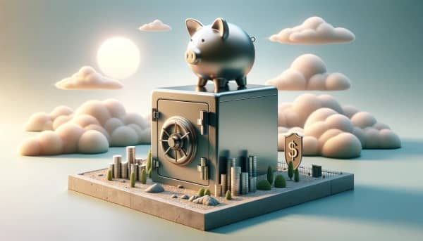 A serene landscape featuring a piggy bank atop a sturdy safe, surrounded by a miniature fence on a stone foundation under a clear, sunny sky, symbolizing financial security and preparedness.