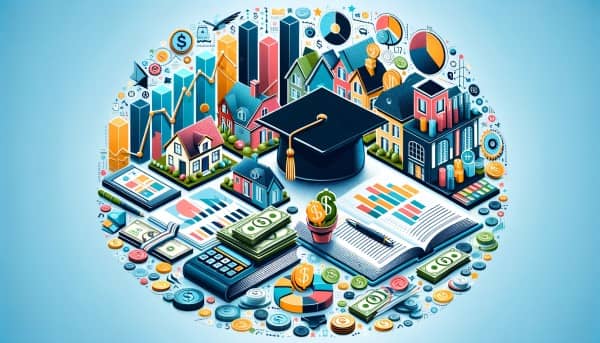 An illustrative overview of real estate investment featuring properties, financial symbols, and educational icons.