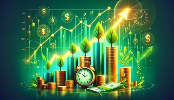 An infographic depicting the growth of investments over time through ascending graphs, a money tree, and a clock, symbolizing compound interest.