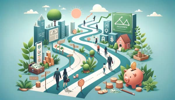 Illustration of an investor's journey, featuring a path through financial growth symbols, diverse individuals, and investment instruments, promoting community engagement and financial literacy.