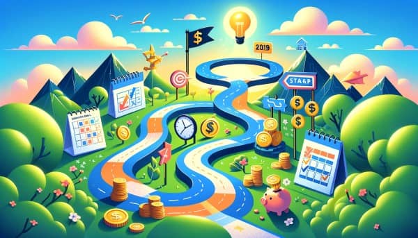 A vibrant illustration depicting a roadmap to achieving SMART financial goals, featuring a starting point with a checklist and calendar, a winding path through milestones with currency signs and a piggy bank, leading to a finish line.