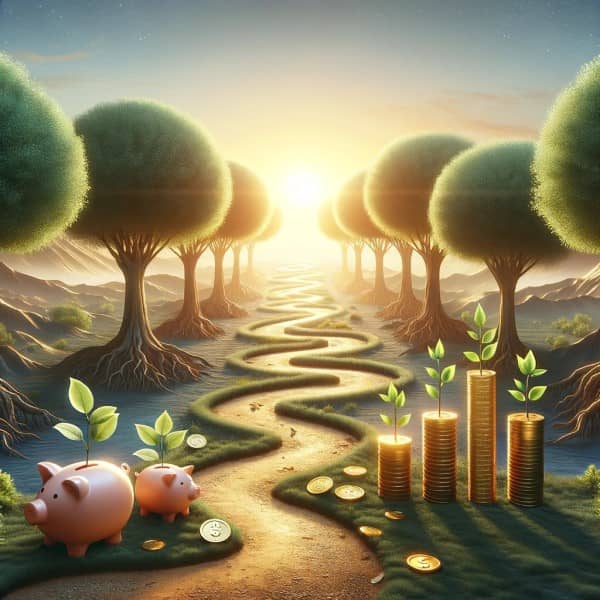A serene landscape at sunrise with a winding path flanked by piggy banks, gold coins, and trees growing from saplings to full size, symbolizing financial growth and security.