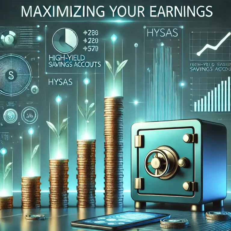 A visual representation of financial growth with stacks of coins increasing in size, a digital bank interface, and a secure safe, symbolizing the benefits of high-yield savings accounts.
