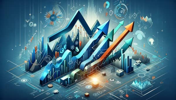 Abstract representation of market trends with upward and downward arrows, stock market graphs, and various asset class symbols against a backdrop of modern, professional colors.