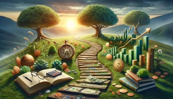 An illustrative image showing a winding path through a vibrant landscape with financial symbols like coins, graphs, and books, leading towards a sunrise, symbolizing the journey of novice investors to financial success.