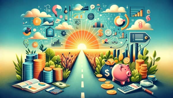 Illustration of a financial planning concept with charts, piggy bank, financial documents, and a path leading towards a sunny horizon, symbolizing growth and empowerment.