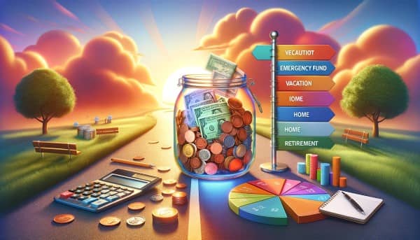 A vibrant image featuring a glass savings jar filled with coins and bills labeled with financial goals like 'Emergency Fund' and 'Retirement,' surrounded by financial planning tools, with a path leading towards a sunny horizon in the background.
