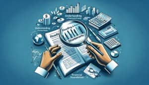 Header image for a financial education web page, featuring a magnifying glass over financial documents, graphs, a pen, and glasses, symbolizing in-depth analysis of financial statements.