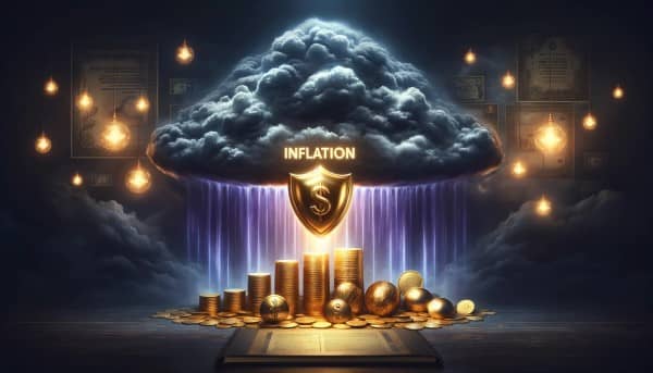 Illustration of a glowing shield protecting a pile of golden coins and currency notes from a dark storm cloud labeled 'Inflation', with faint outlines of financial instruments in the background.