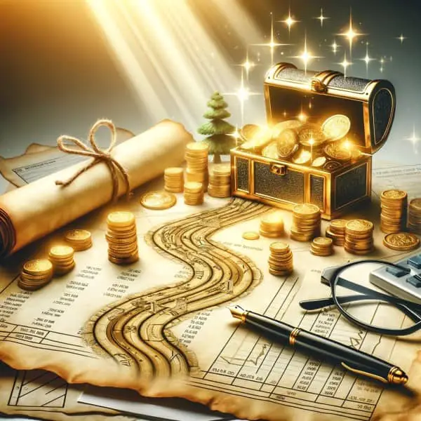 An image depicting a golden roadmap unfurling towards a treasure chest on a desk, with a fountain pen and glasses beside, set against a backdrop of financial documents and calculators.