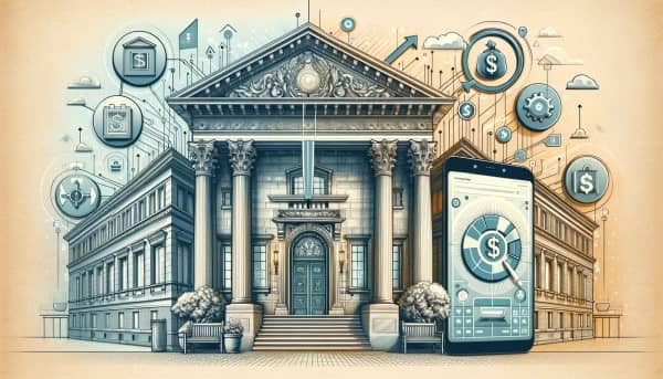 A wide-format illustration showing a classic bank building with grand columns on the left and a modern digital device displaying a banking app on the right, connected by symbols of financial growth.