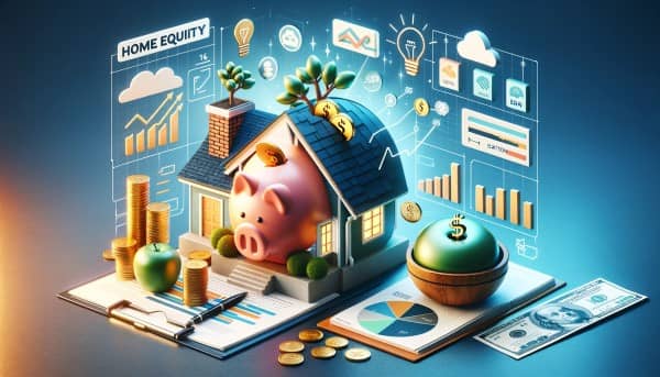 Illustration of a house transforming into a piggy bank with financial growth elements, symbolizing smart retirement planning through home equity.