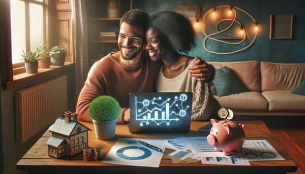 A diverse couple sits together in a warmly lit home office, looking at a laptop displaying financial charts, surrounded by a piggy bank, a house model, a plant, and intertwined rings.