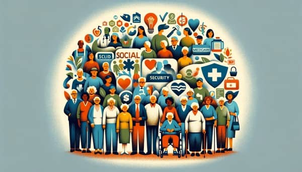 A diverse group of people symbolizing the community supported by entitlement programs, with elements representing healthcare, retirement, and social welfare.