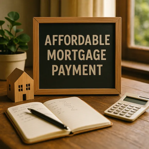 A small wooden house model, an open budgeting notebook, calculator, and a framed sign that reads “Affordable Mortgage Payment” arranged on a wooden table, representing thoughtful home-buying financial planning.