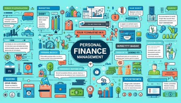Infographic illustrating key personal finance strategies for young adults, including budgeting tips, debt management techniques, investment basics, and saving strategies.