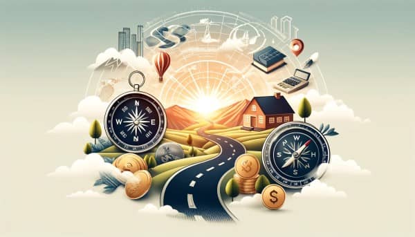 Illustrative image showing a roadmap, compass, and symbols for a house, education, and retirement, symbolizing the journey to achieving financial goals.
