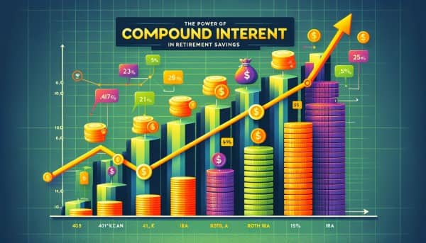 An infographic showing the exponential growth of retirement savings due to compound interest, with a graph, icons for various retirement savings vehicles, and stacks of coins.