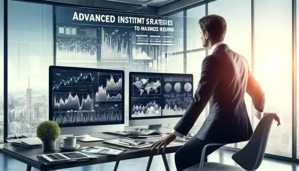 Financial advisor reviewing investment charts and graphs on multiple monitors in a modern office with a cityscape view.