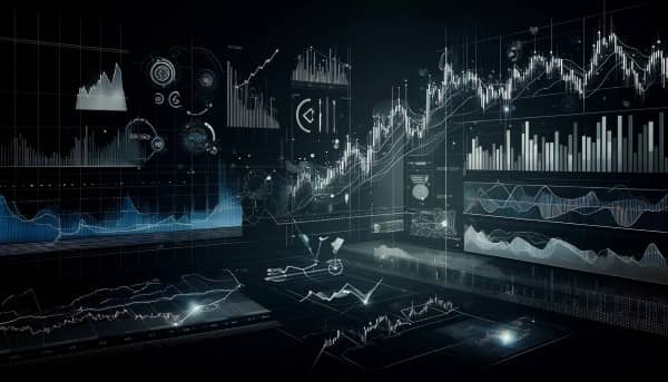 Professional image illustrating stock market analysis tools including line charts, bar charts, candlestick charts, and technical indicators like moving averages, RSI, and MACD.
